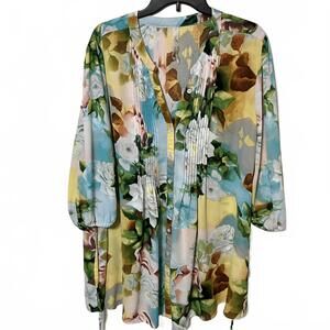 Melissa McCarthy Women's Floral Boho Chic V-Neck Long Sleeve  Flowy Blouse 2X